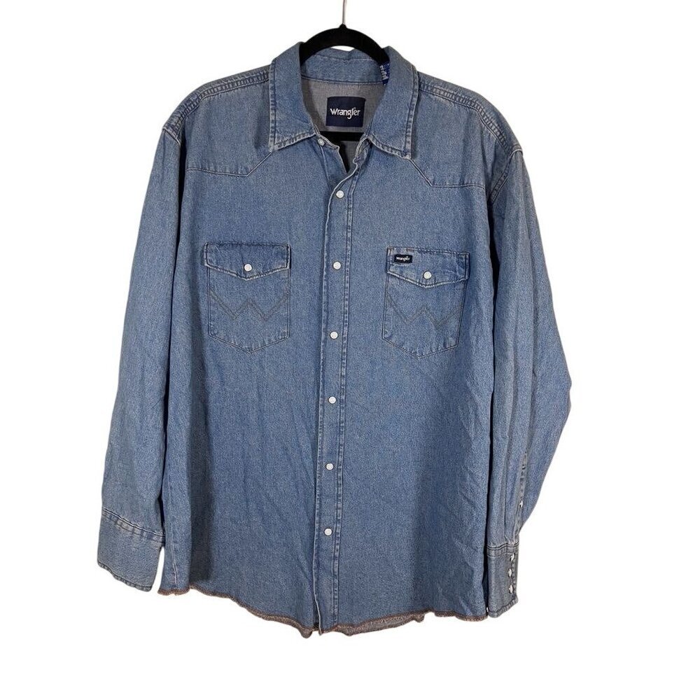 Wrangler Denim Shirt 2XL Blue Pearl Snap Western Cowgirl Rodeo Fringe Boho 80s